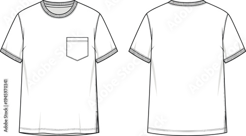 Cad drawing flat vector illustration of a men's basic crew neck pocket t-shirt technical sketch template front and back view