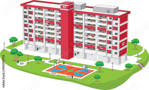 Singapore HDB flat - multi-storey with balconies, flags, landscaped grounds, benches, lamps, and a vibrant basketball court fostering community life.