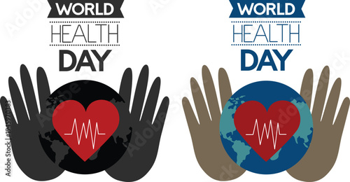 World Health Day icon set collection featuring heart, stethoscope, global health care symbols and medical awareness concepts.