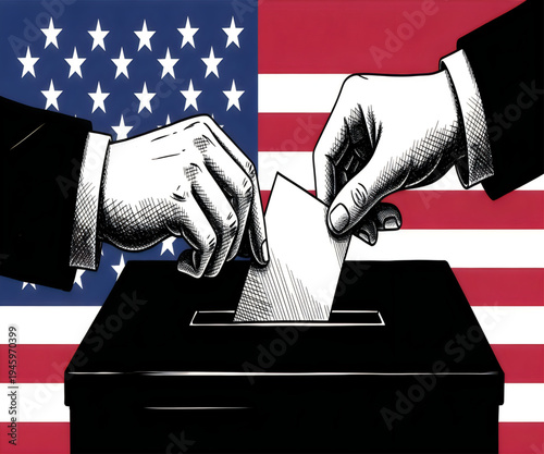 Voting with ballot in box before American flag