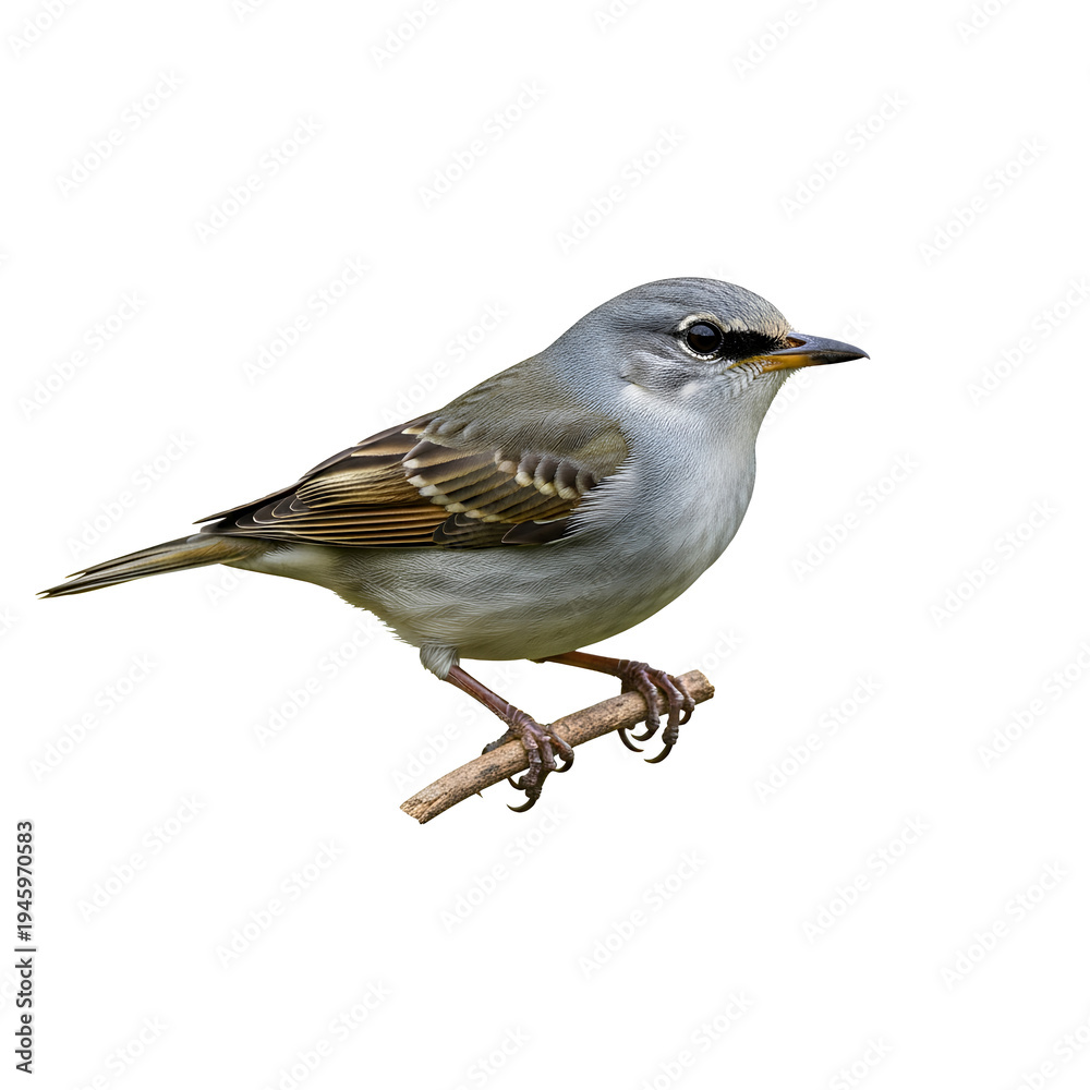 Fototapeta premium Small grey bird perched on a thin branch isolated on white background.