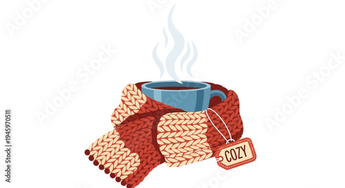 Cozy Blue Mug with Steaming Hot Drink Wrapped in Knitted Red Scarf and Tag on Isolated White Background