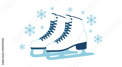 Pair of White Figure Ice Skates with Blue Laces and Snowflakes on Isolated White Background