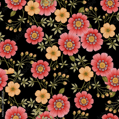 seamless pattern with flowers, black, blue, and brown background 