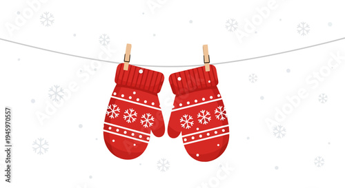 Red Knitted Mittens Drying on Clothesline with Snowflakes on Isolated White Background