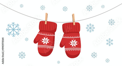Red Knitted Mittens Hanging on Clothesline with Snowflakes on Isolated White Background