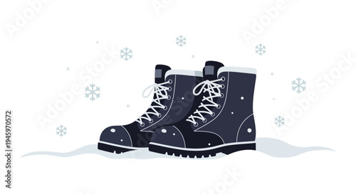 Pair of Black Winter Snow Boots with Snowflakes on Isolated White Background