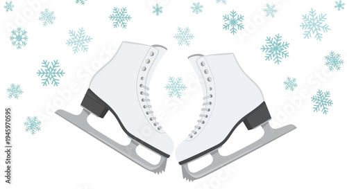 Pair of classic white ice skates with grey blades surrounded by delicate snowflakes, isolated white background. Winter sport equipment.