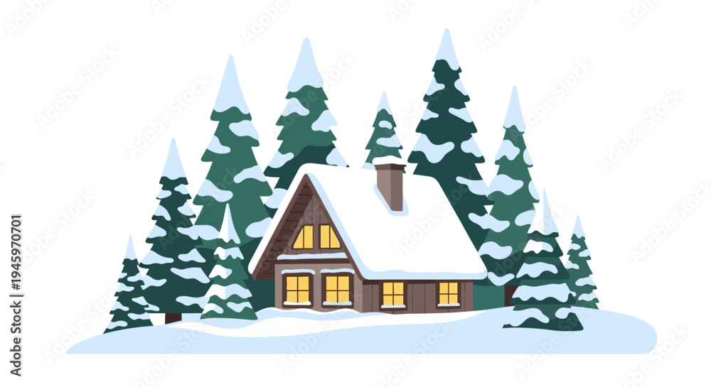 Fototapeta premium Cozy wooden cabin with warm glowing windows nestled in a snowy winter forest, surrounded by snow-covered pine trees. Idyllic holiday retreat.