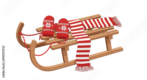 Traditional wooden sled adorned with a festive red striped scarf and red knitted mittens, isolated on a white background.