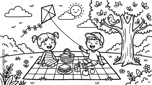 Black and white line art children flying kite picnic basket sandwiches apples and juice outdoor park sunny day
