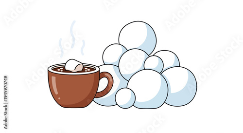 Steaming hot chocolate mug with a marshmallow and a heap of snowballs, featuring blue snowflakes on a bright white background.