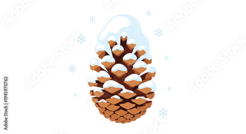 Snow-covered pine cone surrounded by delicate blue snowflakes on an isolated white background.