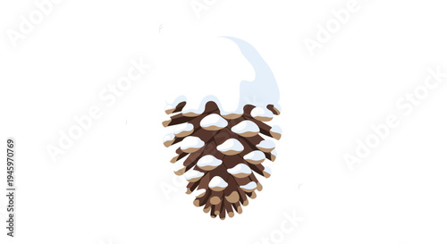Single brown pine cone elegantly covered with white snow, isolated on a clean white background.