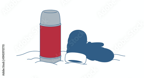 Red thermos bottle and warm blue knitted mittens resting on a pristine snow-covered surface, isolated on a white background.