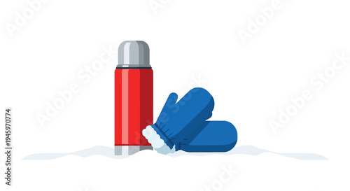 Bright red thermos bottle and warm blue knitted mittens resting on a pristine snow-covered surface, in a bright studio setting.