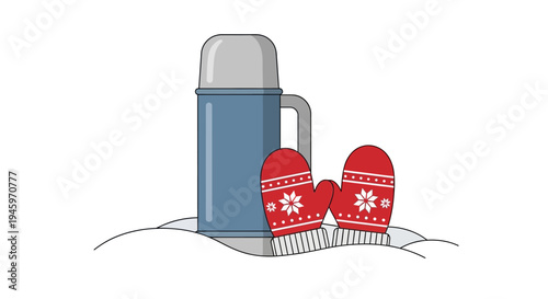 Blue thermos bottle and a pair of red knitted mittens resting in the fresh snow on an isolated white background.