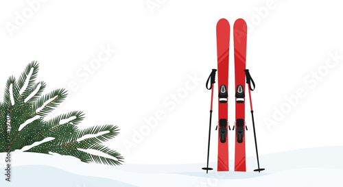 Pair of red alpine skis with poles standing upright in fresh snow on an isolated white background.