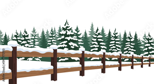 Idyllic snow-covered winter forest scene with green pine trees and a long rustic wooden fence on an isolated white background.
