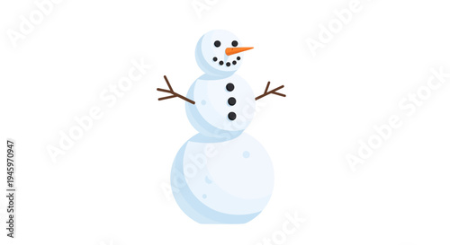 Traditional cheerful snowman with carrot nose and stick arms on an isolated white background, happy winter character.