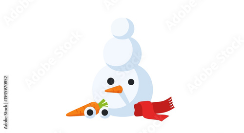 Sad melting snowman head with carrot nose and red scarf on an isolated white background, end of winter.
