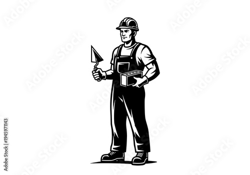 Construction Worker Standing with Trowel and Hard Hat Vector Silhouette Isolated on White Background