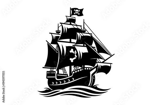 Pirate Sailing Ship with Black Sails on Ocean Waves Vector Silhouette Isolated on White Background