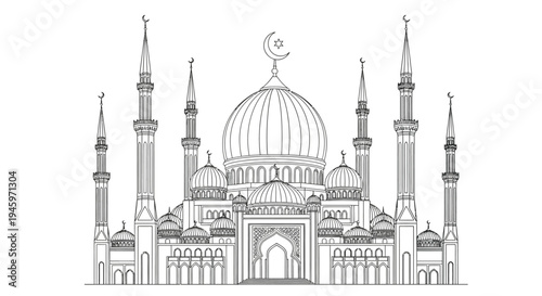Detailed line drawing of a majestic mosque with multiple minarets and domes