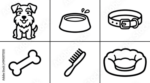 Black and white line art pet dog sitting with water bowl collar bone brush and soft bed icons set