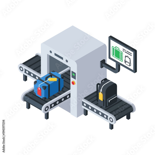 Airport Security Scanner Machine with Luggage and Backpack.