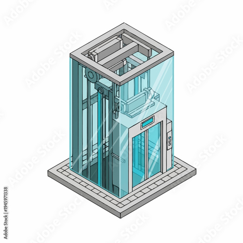 Modern Glass Elevator Shaft Isometric View.