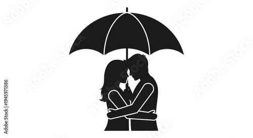 Loving Couple Under Black Umbrella Silhouette.