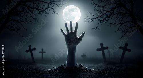 A haunting graveyard scene with a zombie hand reaching for the moon
