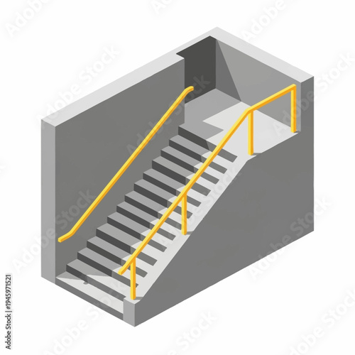 Isometric view of concrete stairs with yellow handrails.