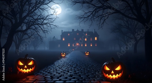 Spooky halloween night with glowing jack o lanterns leading to a mysterious mansion