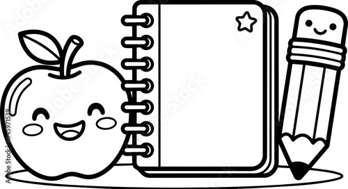 Cute smiling apple character with leaf near spiral notebook and happy pencil kawaii school supplies vector art line drawing
