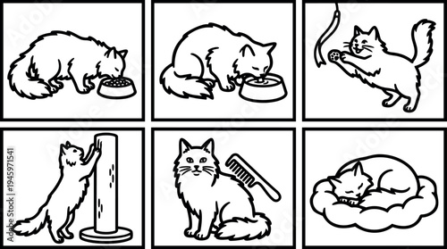 Black and white line art cat eating drinking playing scratching sitting grooming and sleeping in pet bed vector illustrations