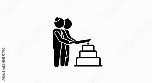 Couple cutting wedding cake together.