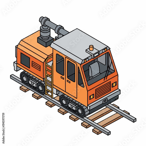 Orange industrial rail vehicle on tracks isometric view.