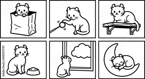 Cute black and white line art cat playing with fluff toy sitting on shelf peeking out of paper bag near food bowl looking at window and sleeping on crescent moon vector art