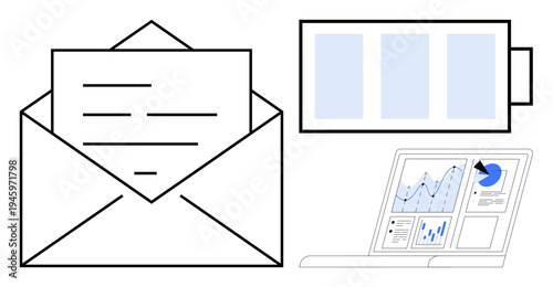 Email communication, energy efficiency, technology, data analysis, business tools, workplace productivity. An envelope with a letter, battery icon and analytics dashboard. Email communication