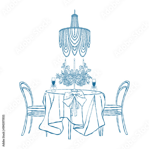 Romantic dinner set, served elegant table, Valentine holiday lunch, coquettish decoration tablecloth. Restaurant anniversary celebration doodle, wine glass, candles, flower. Hand drawn romantic dinner