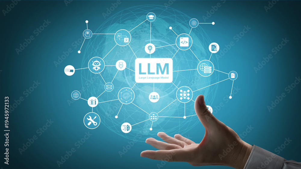 Naklejka premium Large Language Model LLM processing data. Represents deep text learning, natural language processing NLP AI tech, transformer architecture, and generative AI deep learning future technology. Corpus