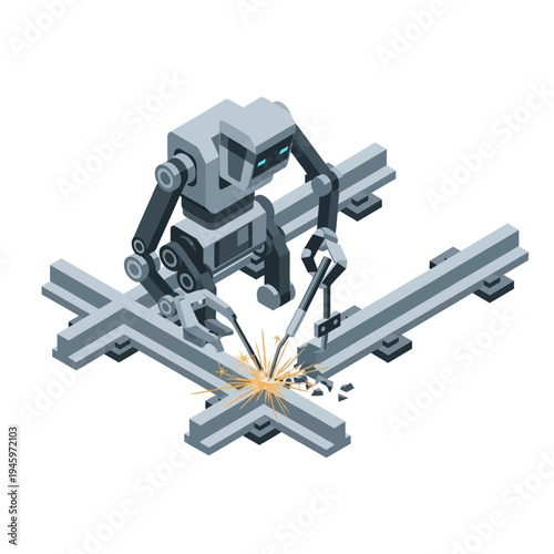 Industrial robot arm performing welding on metal structure.