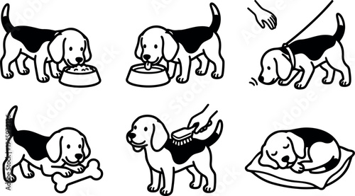 Black and white line art beagle dog eating drinking walking on leash holding bone being brushed and sleeping on pillow set