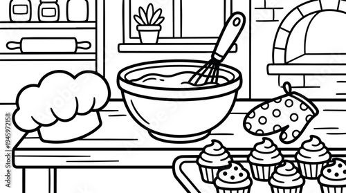 Black and white line art baking kitchen scene with mixing bowl whisk cupcakes oven mitt chef hat on wooden table
