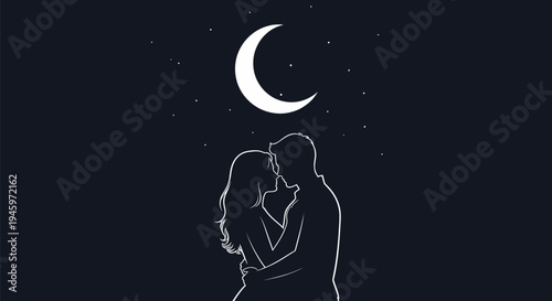 Couple Embracing Under Moonlight Silhouette.