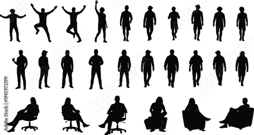 Human silhouettes, standing poses, walking figures, seated people, posture illustration, casual clothing, formal attire, gesture graphics, diverse human forms, design elements