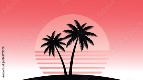 A serene tropical sunset scene with two palm trees silhouetted against a vibrant pink and white gradient background with horizontal lines