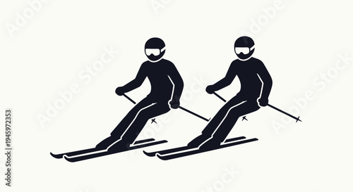 Two skiers in black suits skiing.
